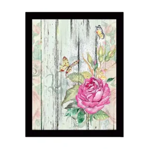 Inramad Canvastavla i trä - 41x56 cm - Rosa blomma med fjärilar på en träbakgrund Rosa / Grön / Beige - Inredning Begränsat erbjudande