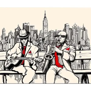 Begränsat erbjudande Canvastavla 70x100 cm - Två musiker på en bänk med New York som siluett Beige / Svart / Röd - Inredning