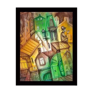 Inramad Canvastavla i trä - 41x56 cm - Abstrakt stadslandskap med vinklade byggnader och en man i hatt Grön / Brun / Gul - Inredning Erbjudandepris