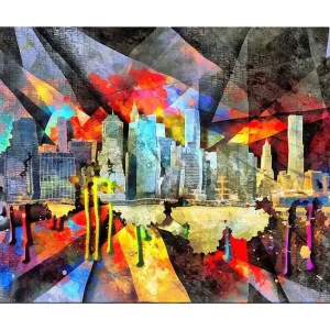 Billigare Canvastavla 70x100 cm - Färgstark stadsbild som fångar en skyline med skyskrapor och reflektioner i vattnet Blå / Röd / Gul - Inredning
