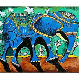 Canvastavla 70x100 cm - Färgglad elefant med dekorativa mönster och symboler Blå / Grön / Brun - Inredning I lager