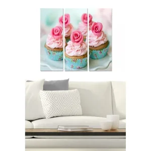 Canvastavla i trä 3-delar 50x70 cm - Läckra cupcakes med rosa grädde och rosor på toppen Rosa / Ljusblå / Beige - Inredning Handla nu