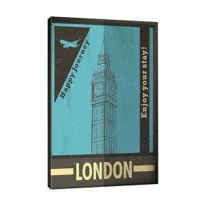 Canvastavla 70x100 cm - Stiliserad illustration av Big Ben med en retro reseinspirerad design Turkos / Svart / Guld - Inredning Lågt pris