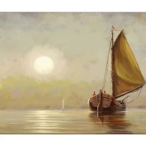 Canvastavla 70x100 cm - Segelbåt med bruna detaljer och en stor gul segel i en stilla sjö under en mjuk soluppgång Gul / Brun / Beige - Inredning Rabatter