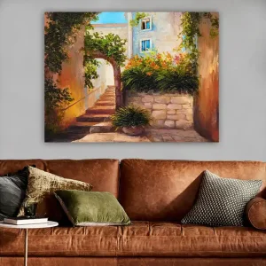 Canvastavla 70x100 cm - Pittoresk gränd med trappor omgiven av grönska och blommor Grön / Beige / Orange - Inredning Populär