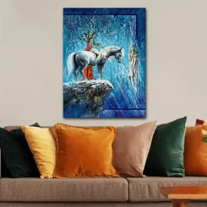 Sänkt pris Canvastavla 70x100 cm - Mystisk scen med en häst och en kvinna i en drömlik miljö Blå / Vit / Röd - Inredning