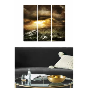 Säker betalning Canvastavla i trä 3-delar 50x70 cm - Dramatiskt landskap med solstrålar som bryter genom moln Mörkbrun / Ljusbrun / Grön - Inredning