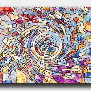 Canvastavla 70x100 cm - Färgstark spiral av abstrakta former som skapar en dynamisk rörelse Blå / Röd / Gul - Inredning Populär