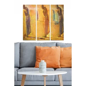 Begränsat antal Canvastavla i trä 3-delar 50x70 cm - Tre skulpturer i dämpade färger som står i en reflekterande miljö Guld / Blå / Brun - Inredning