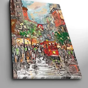 Kampanjpris Canvastavla 70x100 cm - Livlig stadsbild med en röd spårvagn som färdas genom en regnig gata, omgiven av människor och träd Röd / Grön / Brun - Inredning