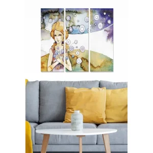 Canvastavla i trä 3-delar 50x70 cm - Porträtt av en kvinna med blommor i händerna och svävande cirklar omkring sig Ljusblå / Beige / Lila - Inredning Beställ nu