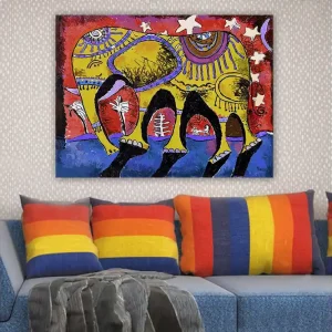Canvastavla 70x100 cm - Färgglad elefant med dekorativa mönster på en livlig bakgrund Gul / Röd / Blå - Inredning Fynd