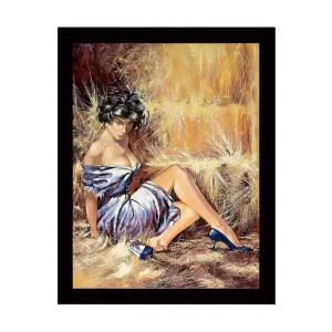 Rabatter Inramad Canvastavla i trä - 41x56 cm - Sensuell kvinna i vit klänning med blå skor Vit / Blå / Beige - Inredning