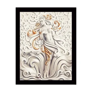 Billig Inramad Canvastavla i trä - 41x56 cm - Elegant figur av en kvinna omgiven av svängande moln och vågor Grå / Beige / Orange - Inredning
