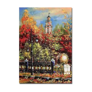 Canvastavla 70x100 cm - Livlig höstscen med en klocktorn i bakgrunden omgiven av färgglada träd och lampor Röd / Orange / Grön - Inredning Premium