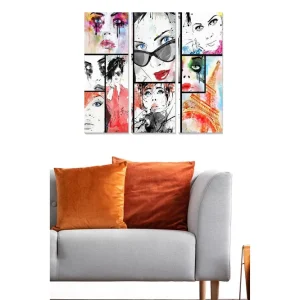 Endast denna vecka Canvastavla i trä 3-delar 50x70 cm - Färgglad sammansättning av ansikten med modeinspiration Röd / Svart / Blå - Inredning