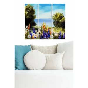 Populär Canvastavla i trä 3-delar 50x70 cm - Blomstrande landskap med havsutsikt Grön / Blå / Vit - Inredning