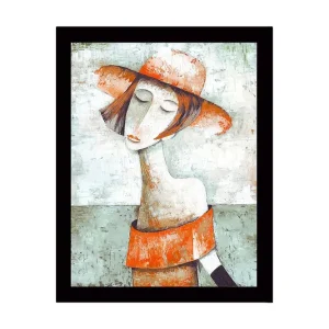 Inramad Canvastavla i trä - 41x56 cm - Porträtt av en kvinna med hatt och röd-orange klädsel Grön / Röd-orange / Beige - Inredning Beställ idag
