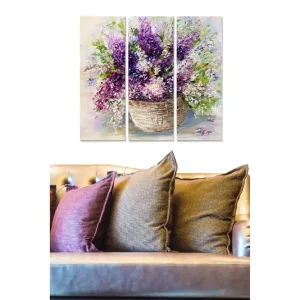 Canvastavla i trä 3-delar 50x70 cm - Färgrik bukett av blommor i en korg Lila / Grön / Vit - Inredning Outlet
