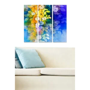 Canvastavla i trä 3-delar 50x70 cm - Färgrik komposition av blommor och blad i en harmonisk sammansättning Blå / Gul / Grön - Inredning Säker betalning