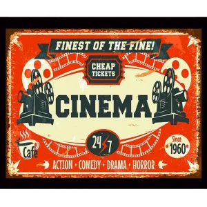 Nyhet Inramad Canvastavla i trä - 41x56 cm - Vintage affisch för biograf med filmprojektor och biljetter Röd / Svart / Beige - Inredning