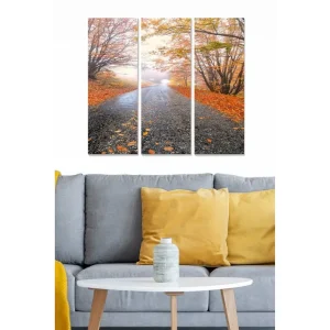 Snabb frakt Canvastavla i trä 3-delar 50x70 cm - Vacker höstlandskap med en väg omgiven av färgglada lövträd Orange / Grön / Grå - Inredning