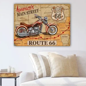 Canvastavla 70x100 cm - Motorcykel på en karta över Route 66 med vintage-inspirerad design Röd / Brun / Grå - Inredning Extra rabatt