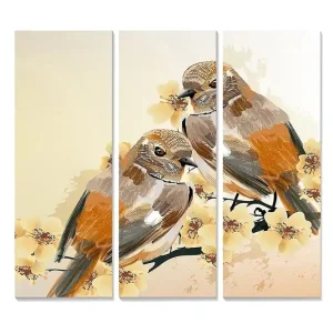 Canvastavla i trä 3-delar 50x70 cm - Två fåglar som sitter på en gren med blommor Orange / Beige / Gul - Inredning Endast denna vecka
