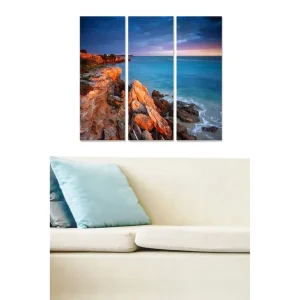 Canvastavla i trä 3-delar 50x70 cm - Klippig kustlinje vid havet i skymning Blå / Orange / Grå - Inredning Fynd