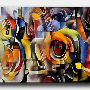 Canvastavla 70x100 cm - Abstrakt komposition med gitarrer och rosor i livliga färger Röd / Gul / Blå - Inredning Lågt pris