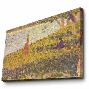 Rabatt Canvastavla 70x100 cm - Kvinna i röd klänning som står på en blomstrande äng vid en sjö Gult / Lila / Grönt - Inredning