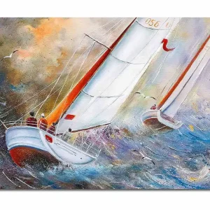 Canvastavla 70x100 cm - Segelbåtar som navigerar genom stormiga vatten Blå / Vit / Orange - Inredning Fynd