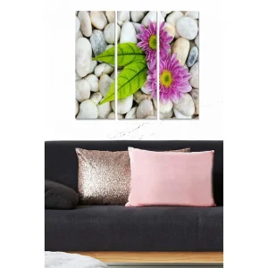 Canvastavla i trä 3-delar 50x70 cm - Ljuvlig komposition av blommor och stenar Rosa / Grön / Vit - Inredning Snabb frakt