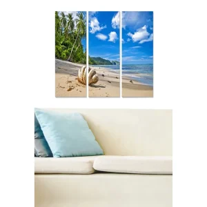 Beställ nu Canvastavla i trä 3-delar 50x70 cm - Tropisk strand med palmer och klart blå himmel Blå / Grön / Sandbeige - Inredning
