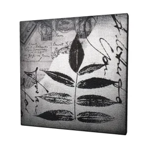 Canvastavla 45x45 cm - Svart silhuett av blad mot en grå bakgrund med handskriven text och poststämplar Svart / Grå - Inredning Outlet
