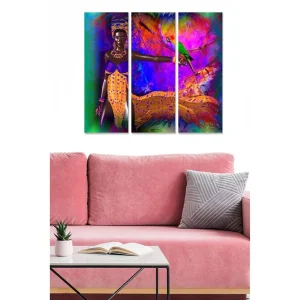 Snabb leverans Canvastavla i trä 3-delar 50x70 cm - Färgglad kvinna med papegoja i en livfull tropisk miljö Lila / Grön / Orange - Inredning