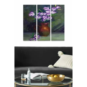 Canvastavla i trä 3-delar 50x70 cm - Vacker bukett av lila blommor i en keramikvas Lila / Grön / Brun - Inredning Lägg i varukorgen