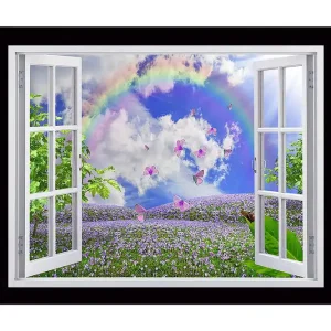 Inramad Canvastavla i trä - 41x56 cm - Fönsterutsikt över en blomstrande äng med fjärilar och en regnbåge Lila / Grön / Blå - Inredning Kampanjpris