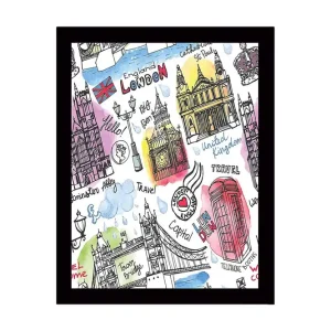 Kundfavorit Inramad Canvastavla i trä - 41x56 cm - Illustrerad karta över London med kända landmärken och symboler Röd / Blå / Lila - Inredning