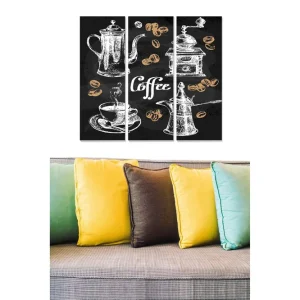 Kundfavorit Canvastavla i trä 3-delar 50x70 cm - Kaffeutrustning med stiliserade kaffebönor Svart / Vit / Guld - Inredning