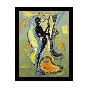Inramad Canvastavla i trä - 41x56 cm - Musiker som spelar saxofon med färgstarka svängningar runtomkring Svart / Gult / Blått - Inredning Extra rabatt