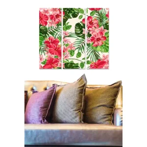Canvastavla i trä 3-delar 50x70 cm - Färgglad tropisk blommor och bladkomposition Rosa / Grön / Beige - Inredning Nedsatt pris