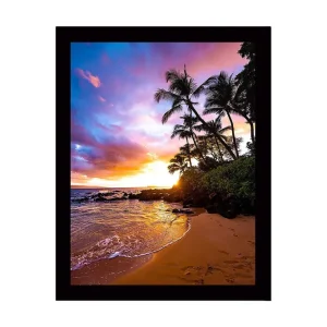 Inramad Canvastavla i trä - 41x56 cm - Solnedgång över en tropisk strand med palmer och glittrande vatten Lila / Orange / Grön - Inredning Outlet