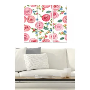 Canvastavla i trä 3-delar 50x70 cm - Färgglada rosor i akvarellstil Rosa / Grön / Blå - Inredning Reapris