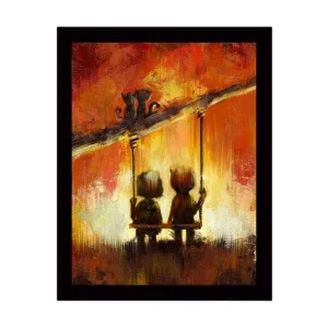 Inramad Canvastavla i trä - 41x56 cm - Två barn som gungar tillsammans under en färgglad himmel Röd / Orange / Svart - Inredning Erbjudande