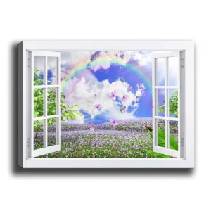 Begränsat erbjudande Canvastavla 70x100 cm - Öppen fönsterutsikt med en blomstrande äng, fjärilar och en regnbåge under en blå himmel Lila / Grön / Blå - Inredning