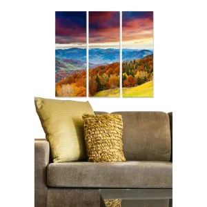 Canvastavla i trä 3-delar 50x70 cm - Vacker höstlandskap med färgglada träd och fjärran berg Orange / Grön / Blå - Inredning Snabb frakt