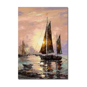 Outlet Canvastavla 70x100 cm - Segelbåtar i solnedgång vid havet Mörkbrun / Guld / Ljusrosa - Inredning