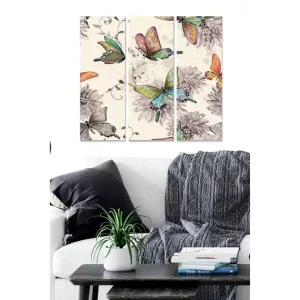 Canvastavla i trä 3-delar 50x70 cm - Färgglada fjärilar omgivna av blommor Grön / Rosa / Lila - Inredning Köp online