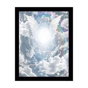 Inramad Canvastavla i trä - 41x56 cm - Ljusa änglavingar som sträcker sig mot en strålande ljuskälla i en dramatisk himmel Vit / Ljusblå / Grå - Inredning Populär